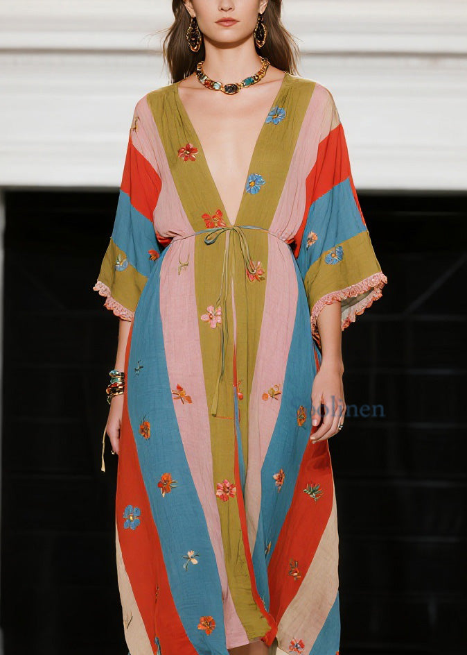 French Colorblock V Neck Patchwork Cotton Dress Summer