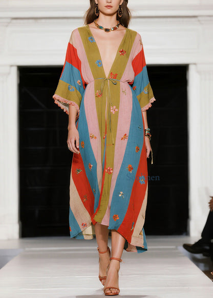 French Colorblock V Neck Patchwork Cotton Dress Summer