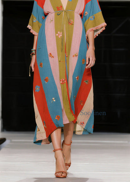 French Colorblock V Neck Patchwork Cotton Dress Summer