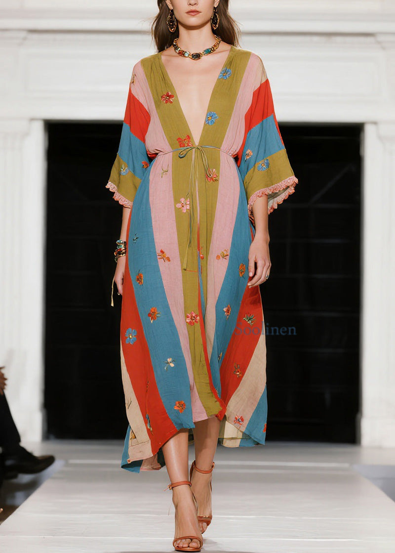 French Colorblock V Neck Patchwork Cotton Dress Summer