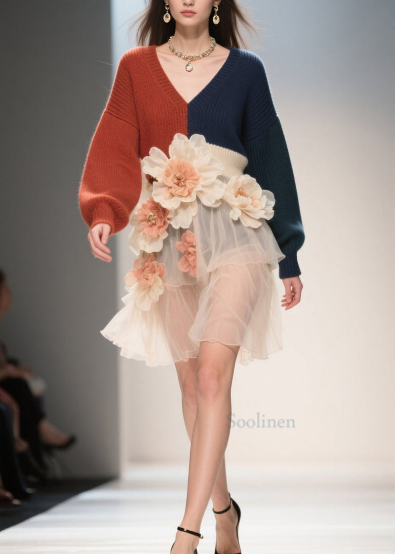 French Colorblock V Neck Tulle Patchwork Knit Dress Fall