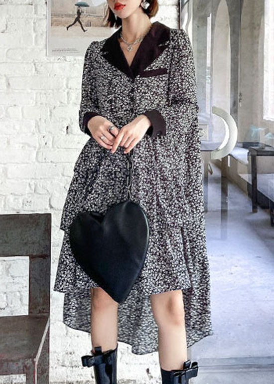 French Colorblock Low High Design V Neck Print Patchwork Silk Mid Dress Spring