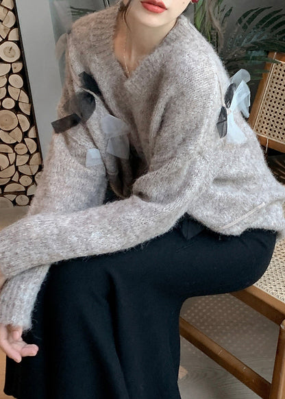 French Cozy V Neck Knitted Sweaters Tops Spring