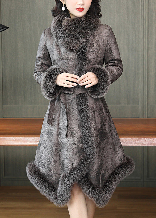 French Dark Gray Fox Collar Tie Waist Leather and Fu Coats Winter