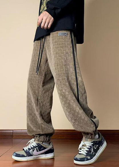 French Dark Khaki Plaid Elastic Waist Cotton Pants Spring
