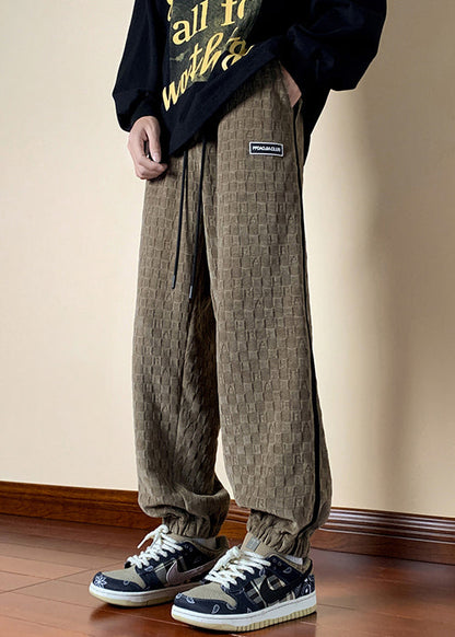 French Dark Khaki Plaid Elastic Waist Cotton Pants Spring
