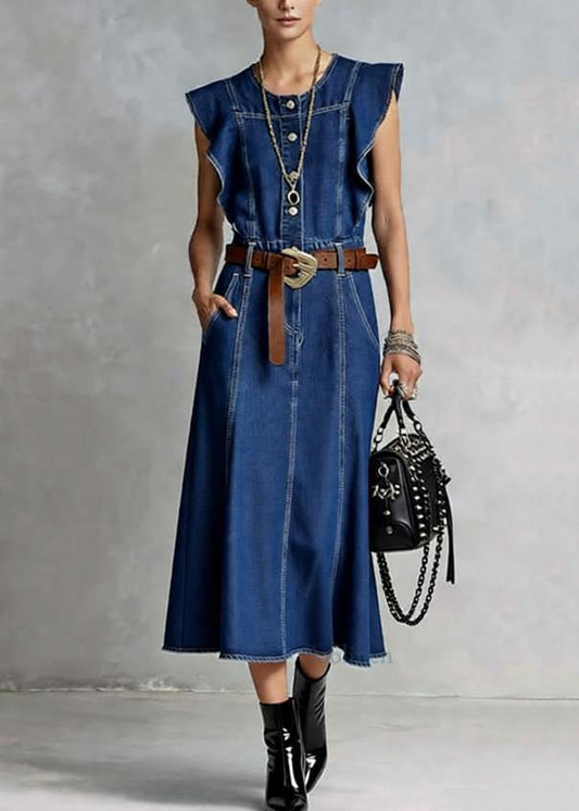 French Denim Blue O-neck Ruffled Button Summer Maxi Dresses Sleeveless