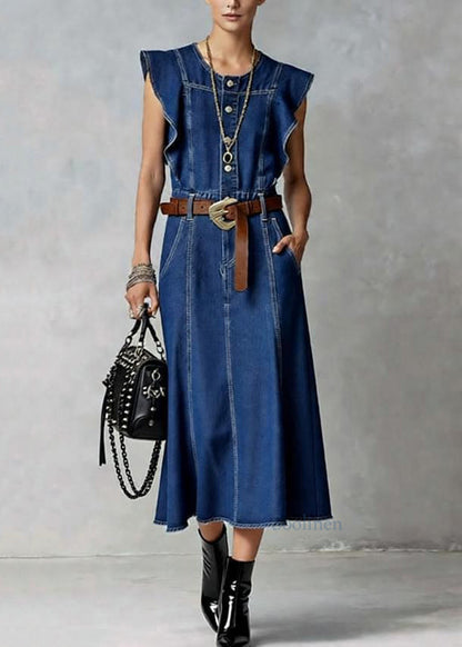 French Denim Blue O-neck Ruffled Button Summer Maxi Dresses Sleeveless