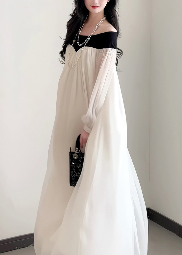 French Slash Neck Chiffon Dress Lantern Sleeves