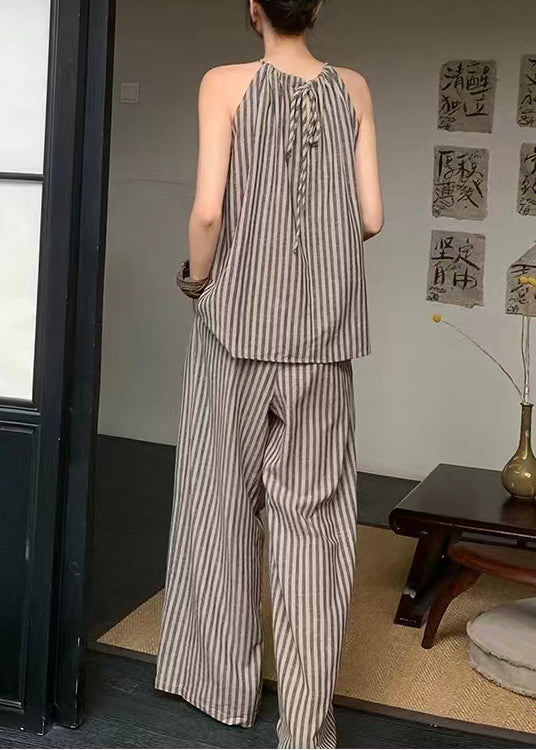 French Coffee Striped Top Wide Leg Pants Two Piece Set Summer