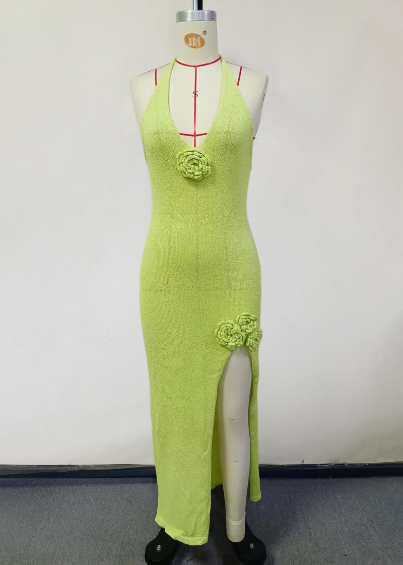 French Fruit Green Decorated Side Open Knit Holiday Dress