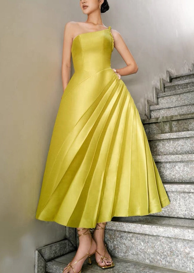French Green Asymmetrical Silk Long Dress Sleeveless
