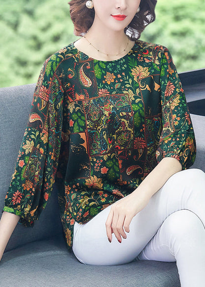 French Green O-neck Oversized Print Silk Top Bracelet Sleeve