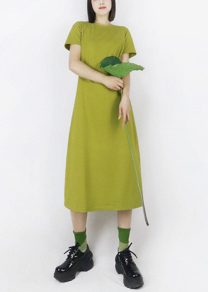 French Green O-neck Oversized Color Cotton Maxi Dress Half Sleeve