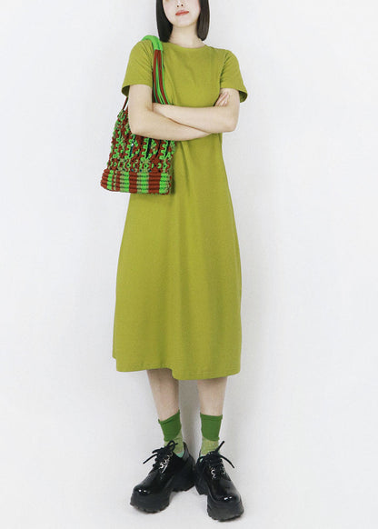 French Green O-neck Oversized Color Cotton Maxi Dress Half Sleeve
