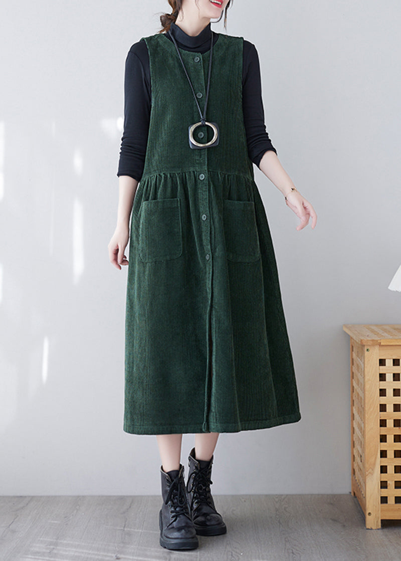 French Green O-neck Patchwork Pockets Corduroy Vacation Dresses Spring