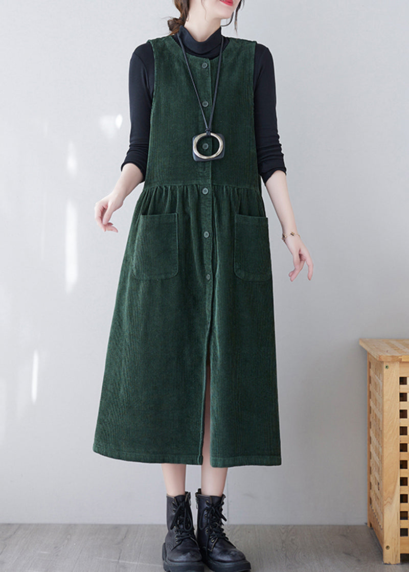 French Green O-neck Patchwork Pockets Corduroy Vacation Dresses Spring