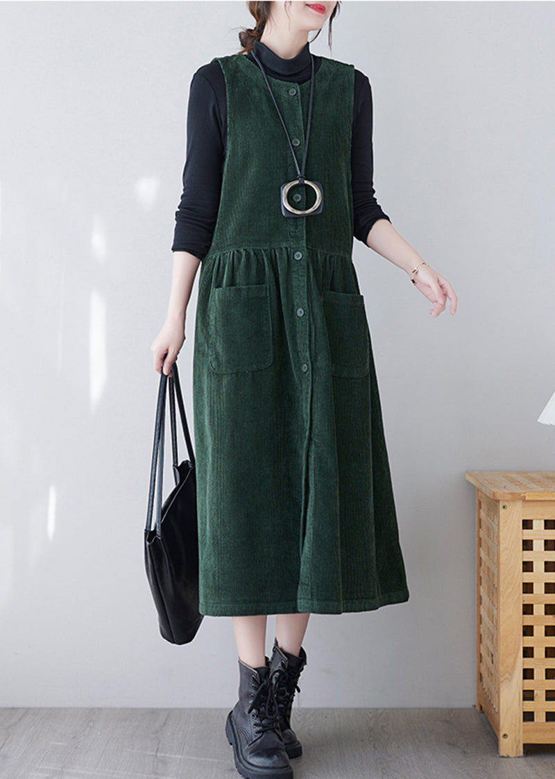 French Green O-neck Patchwork Pockets Corduroy Vacation Dresses Spring