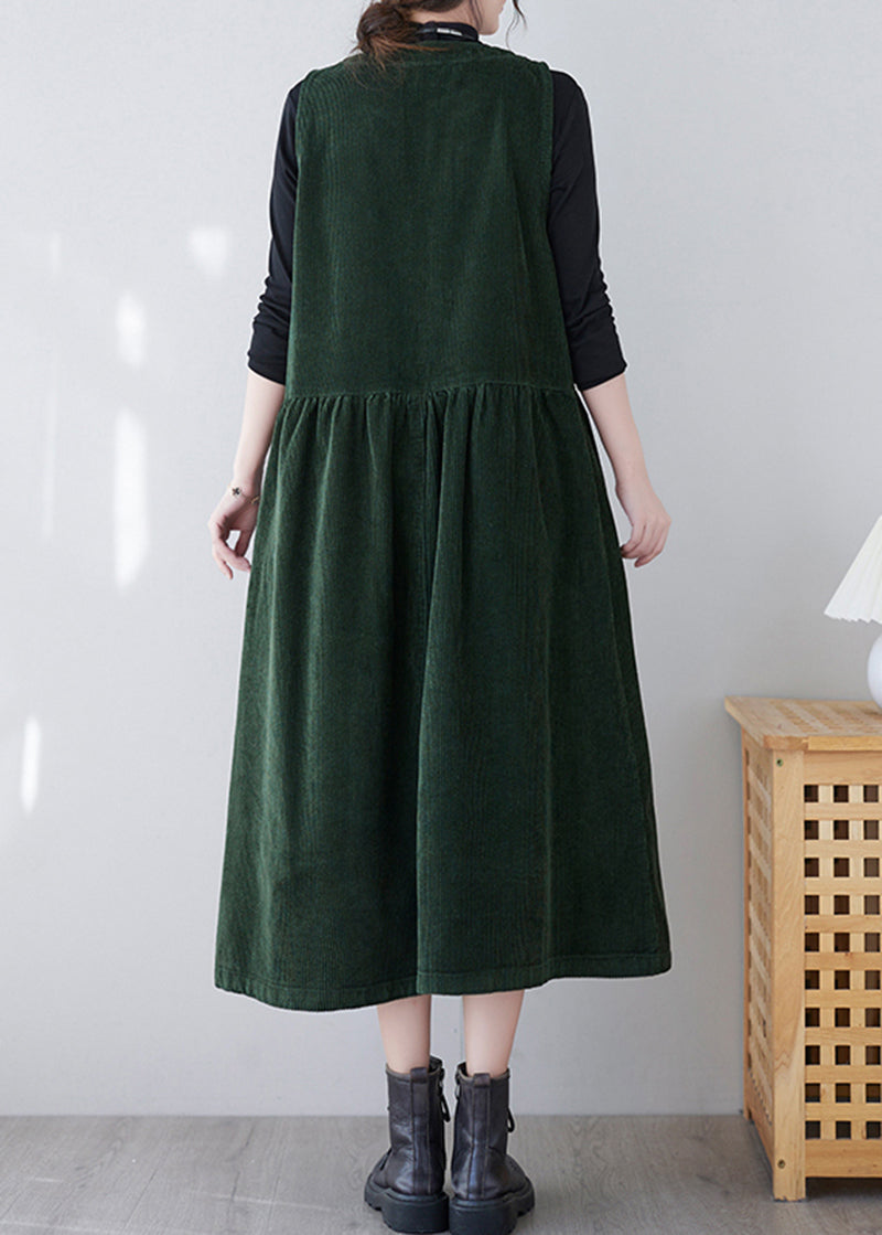 French Green O-neck Patchwork Pockets Corduroy Vacation Dresses Spring