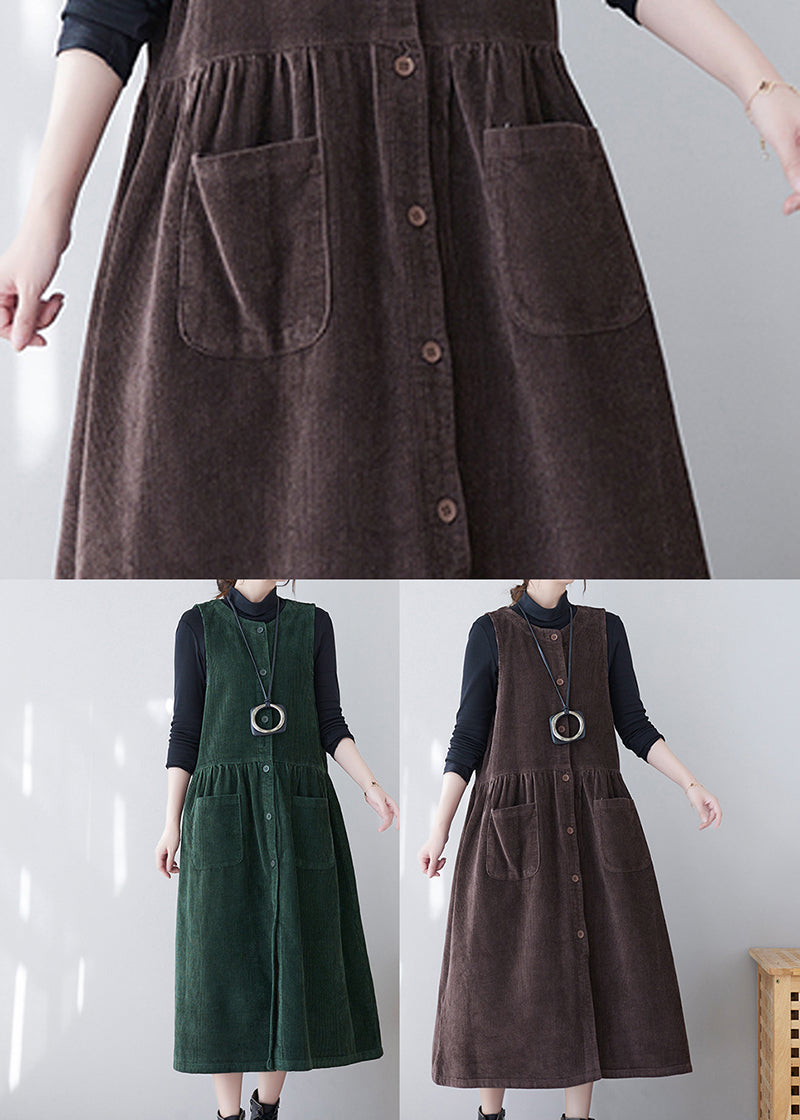 French Green O-neck Patchwork Pockets Corduroy Vacation Dresses Spring