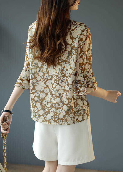French Green O-neck Print Chiffon Shirt Top Flare Sleeve
