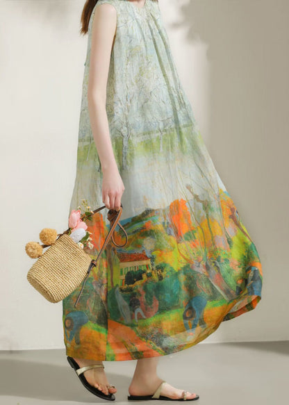 French Green O-neck Print Cotton Long Dress Sleeveless