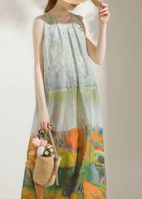 French Green O-neck Print Cotton Long Dress Sleeveless