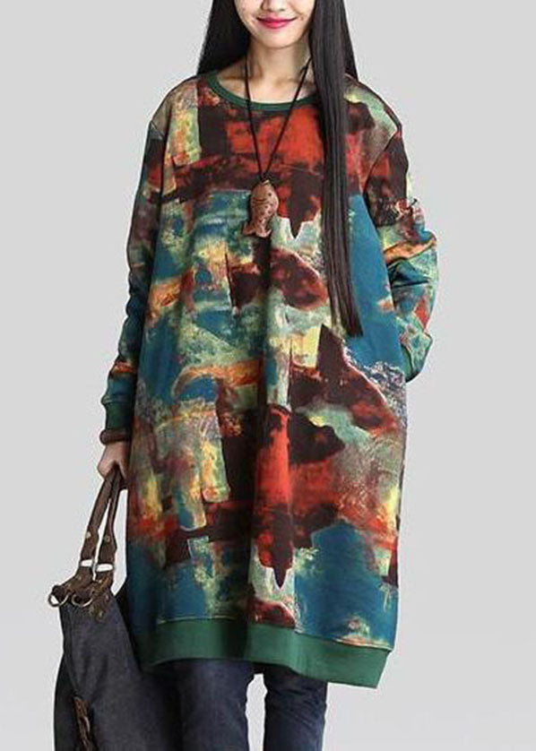 French Green O-neck Print Warm Fleece Sweatshirts Dress Winter