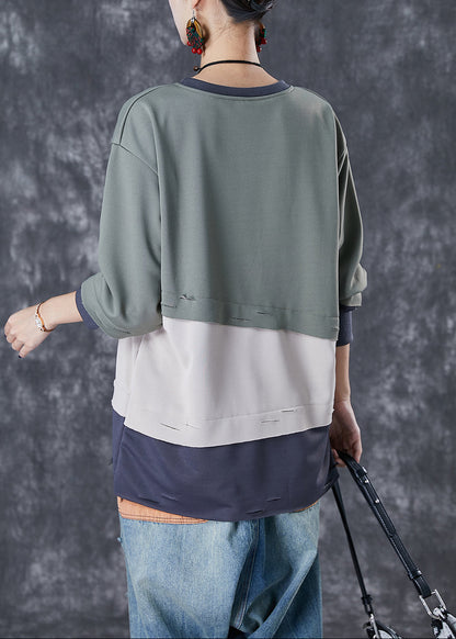 French Green Oversized Patchwork Warm Fleece Pullover Tops Winter