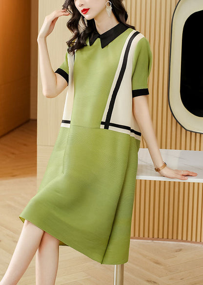 French Green Peter Pan Collar Patchwork Mid Dress Short Sleeve