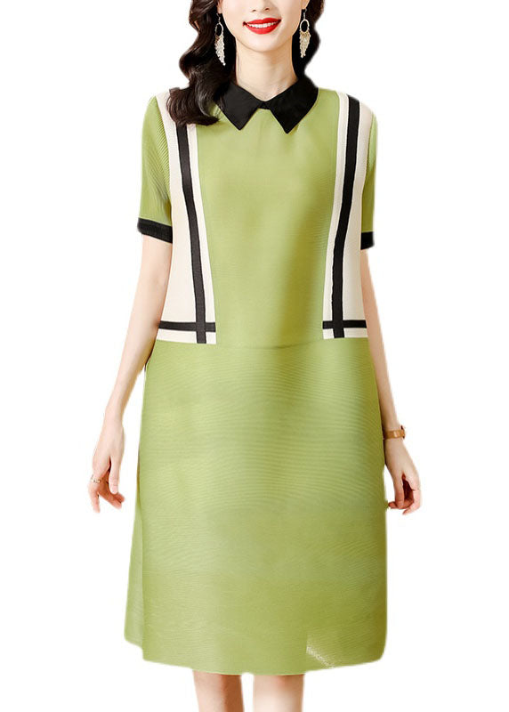 French Green Peter Pan Collar Patchwork Mid Dress Short Sleeve