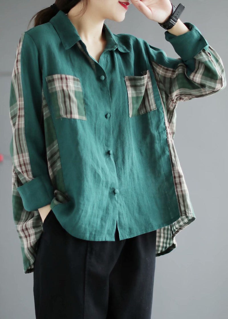 French Green Plaid Patchwork Peterpan Collar Pockets Fall Long Sleeve Tops