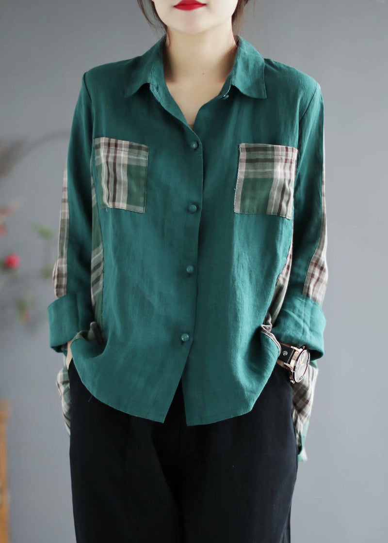 French Green Plaid Patchwork Peterpan Collar Pockets Fall Long Sleeve Tops