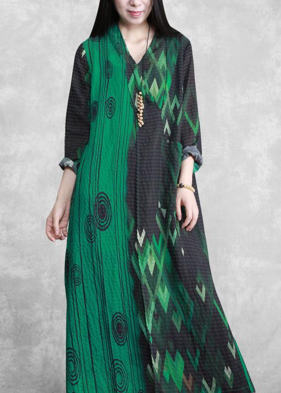 French Green Print Long Summer Dresses