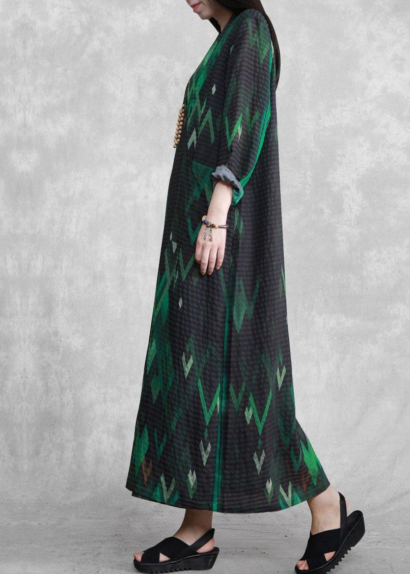 French Green Print Long Summer Dresses