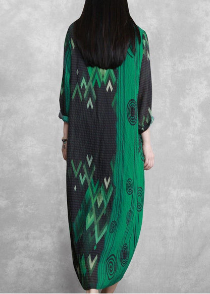 French Green Print Long Summer Dresses