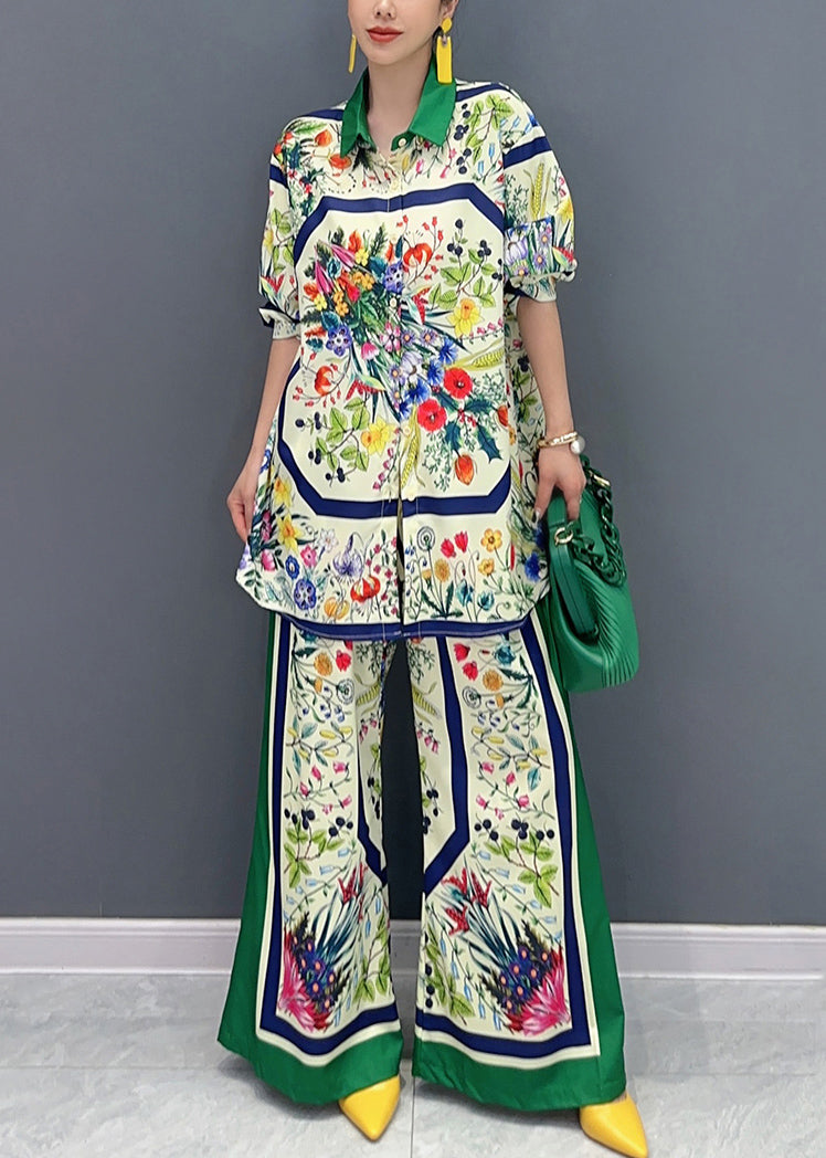 French Green Print Tops and Wide Leg Pants Cotton Two Pieces Set Summer