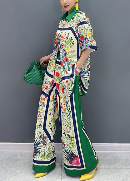 French Green Print Tops and Wide Leg Pants Cotton Two Pieces Set Summer