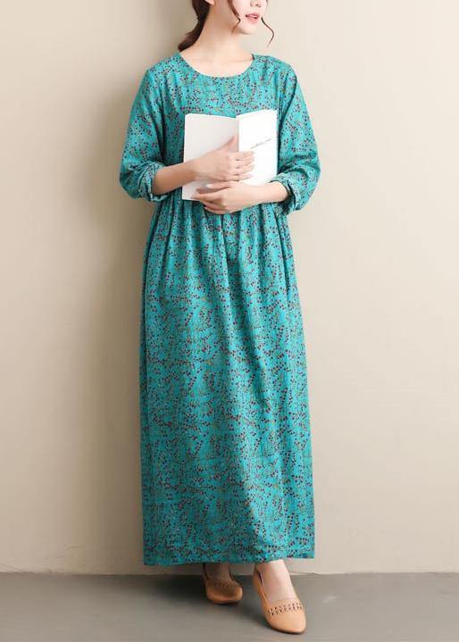 French Green Print Tunics O Neck Cinched Dresses Dress