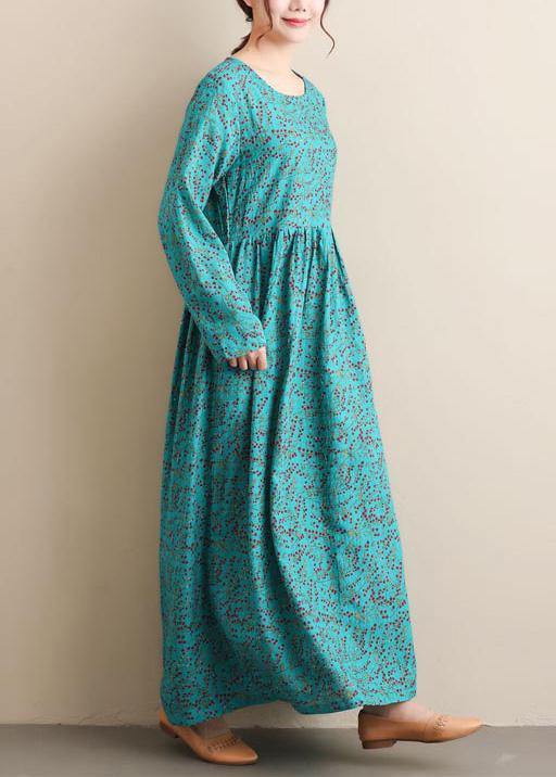 French Green Print Tunics O Neck Cinched Dresses Dress