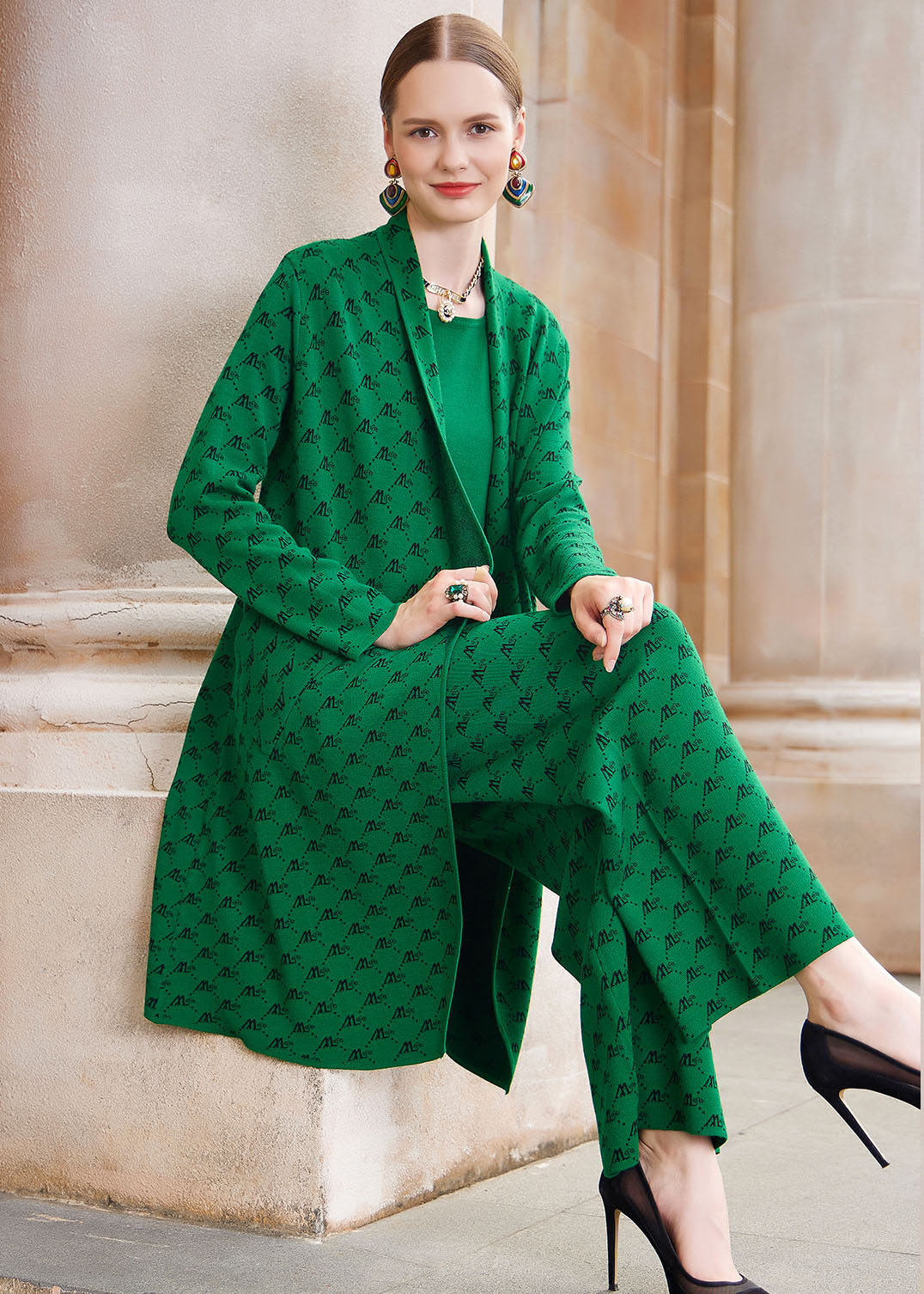 French Green Print Cotton Blend Coats Vest and Straight Pants Three Piece Set Outfits Fall