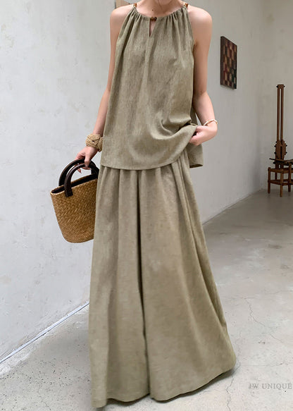 French Green Tops and Pants Linen Two Pieces Set Sleeveless