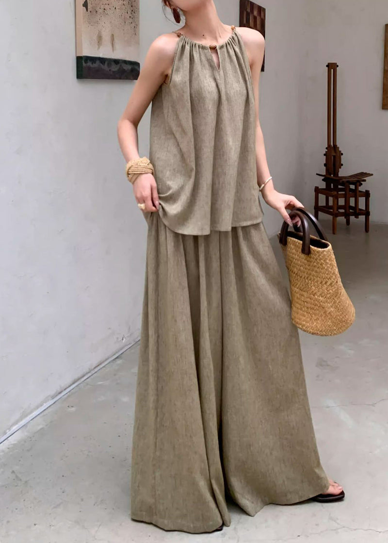 French Green Tops and Pants Linen Two Pieces Set Sleeveless