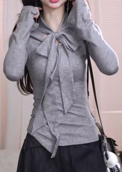 French Grey Bow Patchwork Cotton Shirt Tops Spring