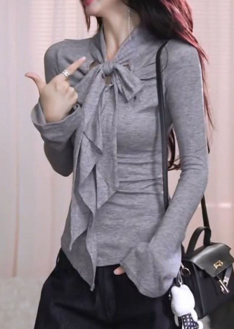 French Grey Bow Patchwork Cotton Shirt Tops Spring