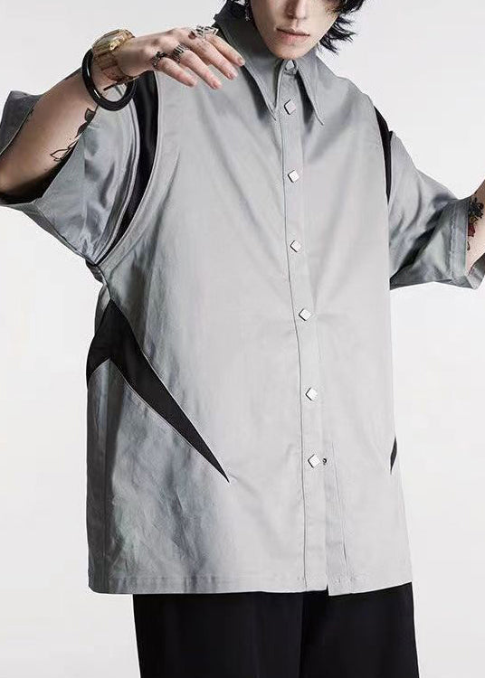 French Grey Button Patchwork Cotton Shirts Summer