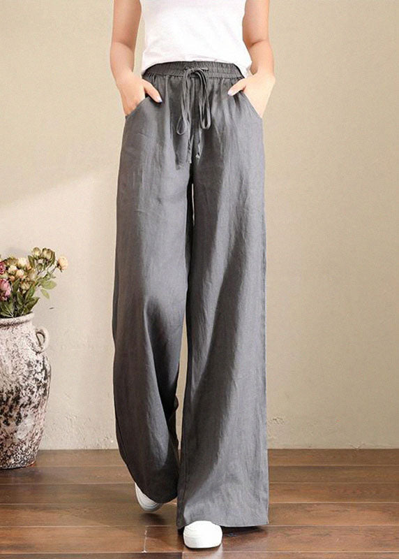 French Brown Geometry Elastic Waist Pockets Linen Wide Leg Pants Summer