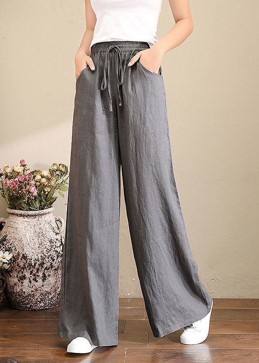 French Black Bird Elastic Waist Pockets Linen Wide Leg Pants Summer