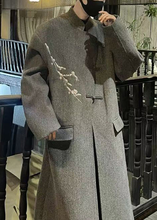 French Grey Embroideried Button Woolen Long Trench Coat Winter