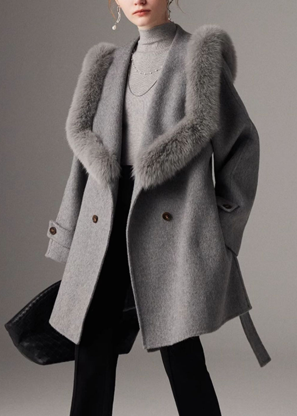 French Grey Fox Collar Tunic Woolen Long Coats Spring